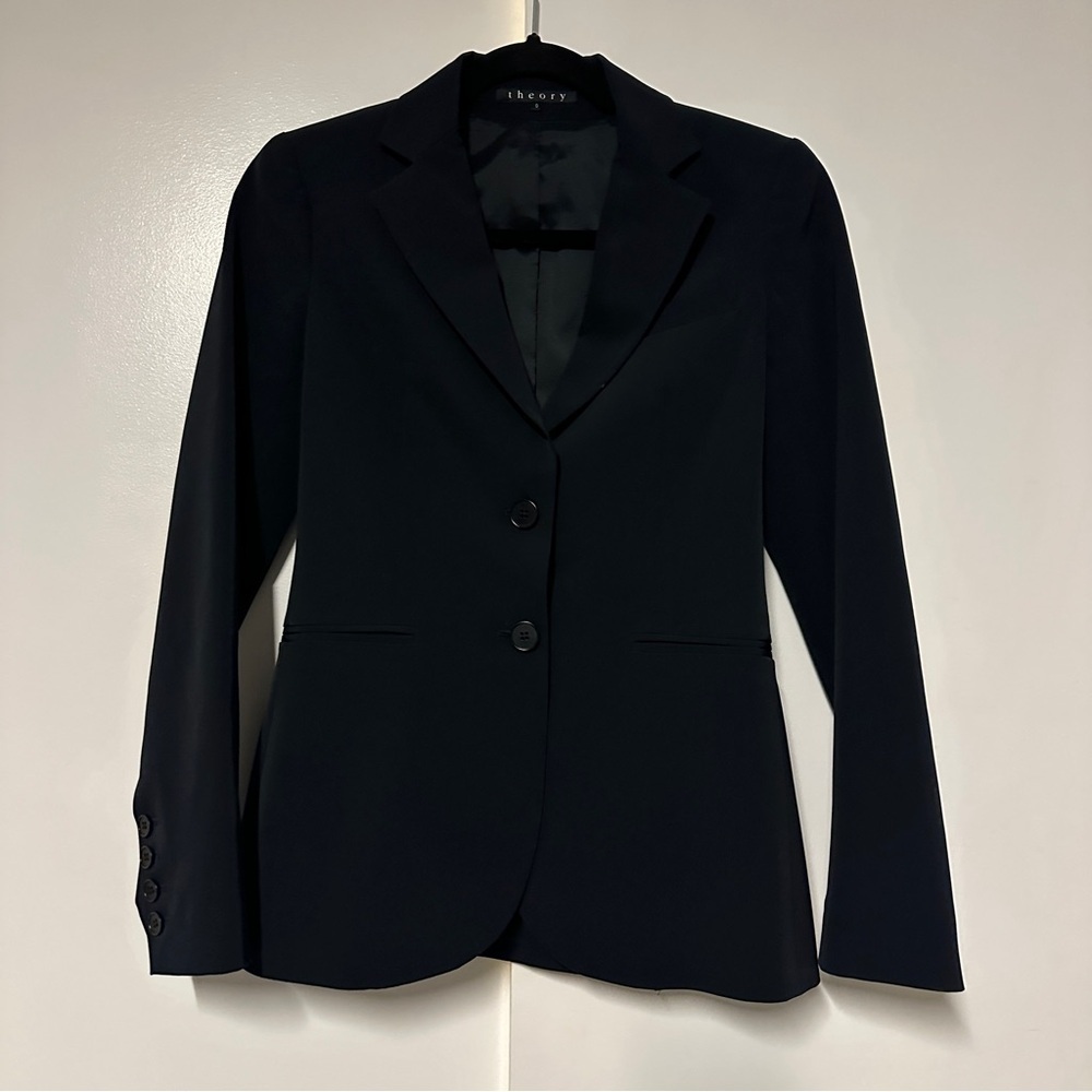 Theory Black Two Button Polyester Blend Blazer Si… - image 1
